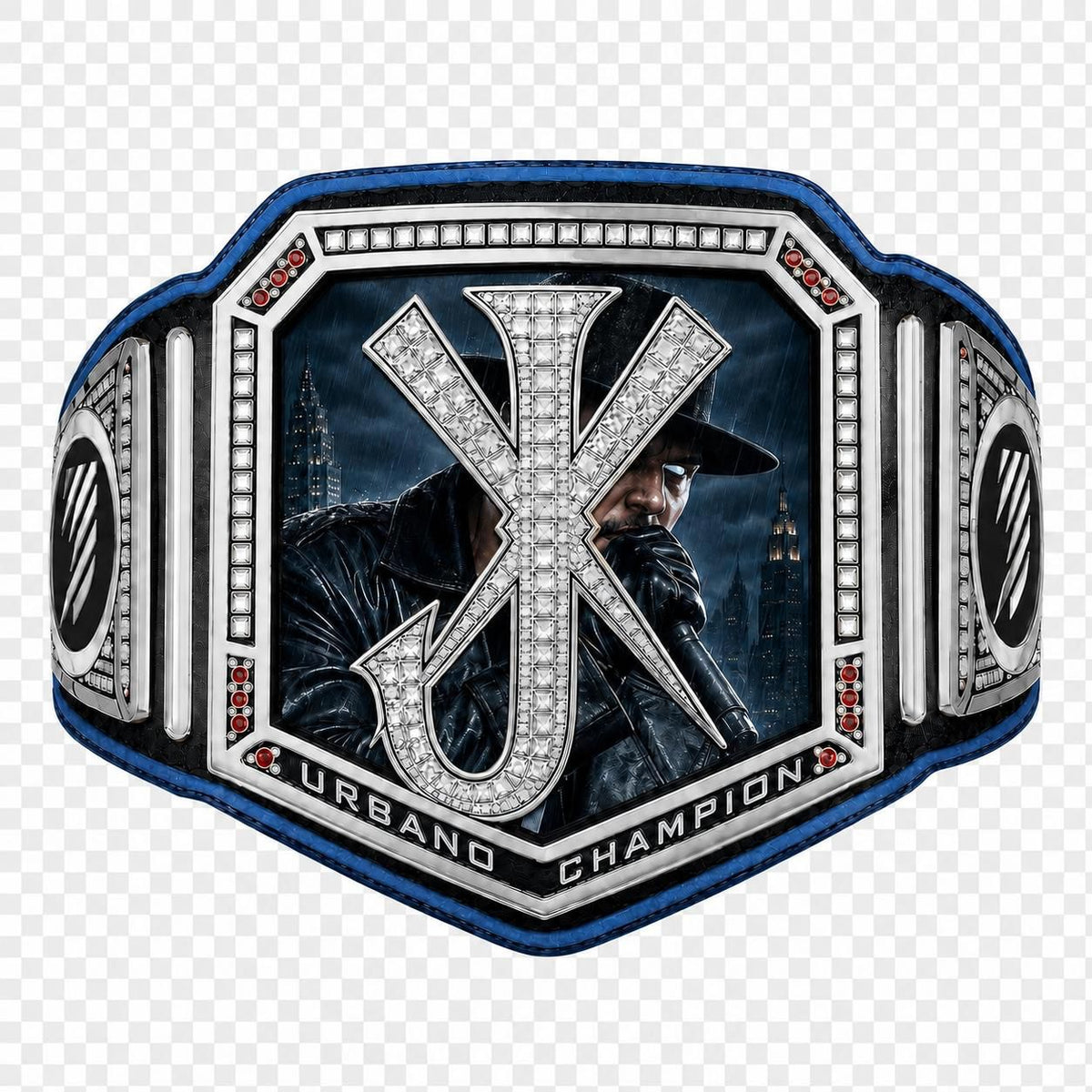 Custom "Urbano Champion" Championship Title Belt – Blue & Silver Edition with Rhinestone Detailing 6mm