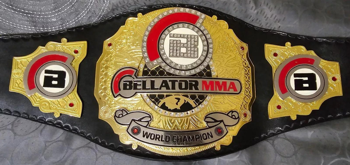 Bellator MMA World Championship Replica Belt | 2MM/4MM Zinc Plates | Adult Size | Real Leather Strap | Ryan Bader Inspired Title