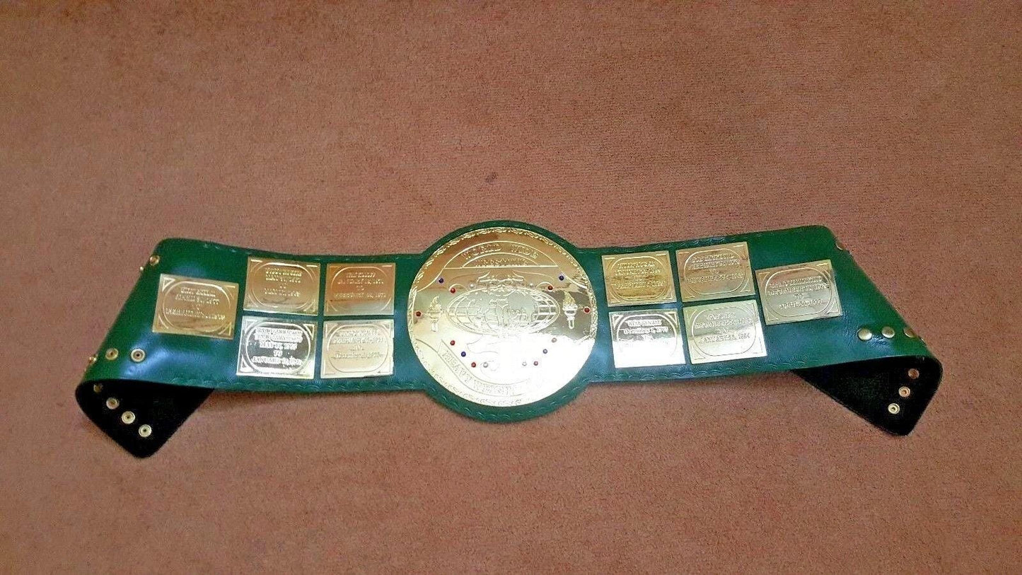 WF Big Green Championship Replica Belt | 2mm 4mm Gold Plated Brass Plates | Real Leather Strap | Wrestling Fan Gift | Adult Size Title
