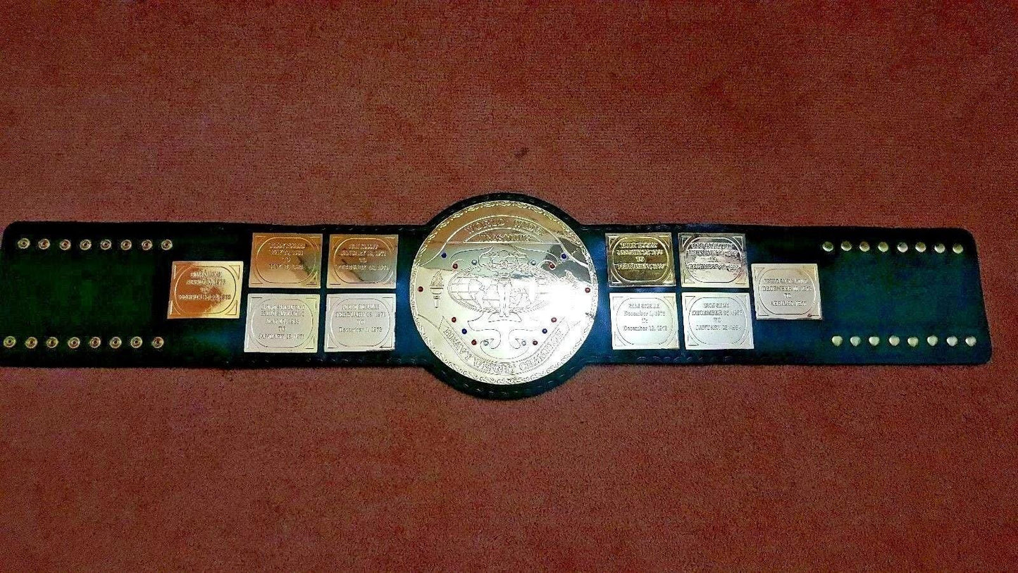 WF Big Green Championship Replica Belt | 2mm 4mm Gold Plated Brass Plates | Real Leather Strap | Wrestling Fan Gift | Adult Size Title