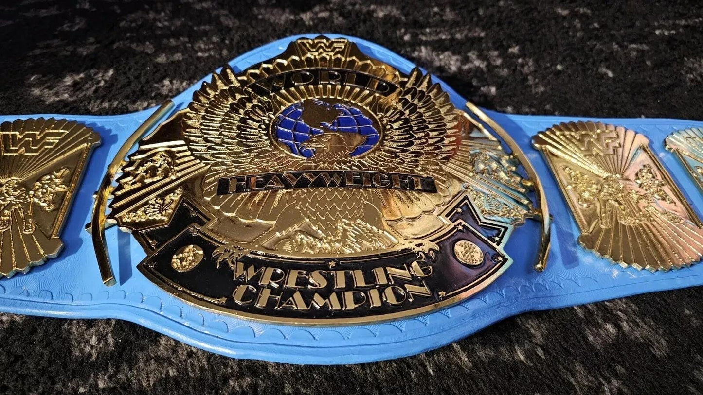 WWF Blue Winged Eagle Championship Belt | 2MM 4MM Real Leather | Classic Wrestling Replica | Hulk Hogan Tribute | Fan Gift w/ Bag