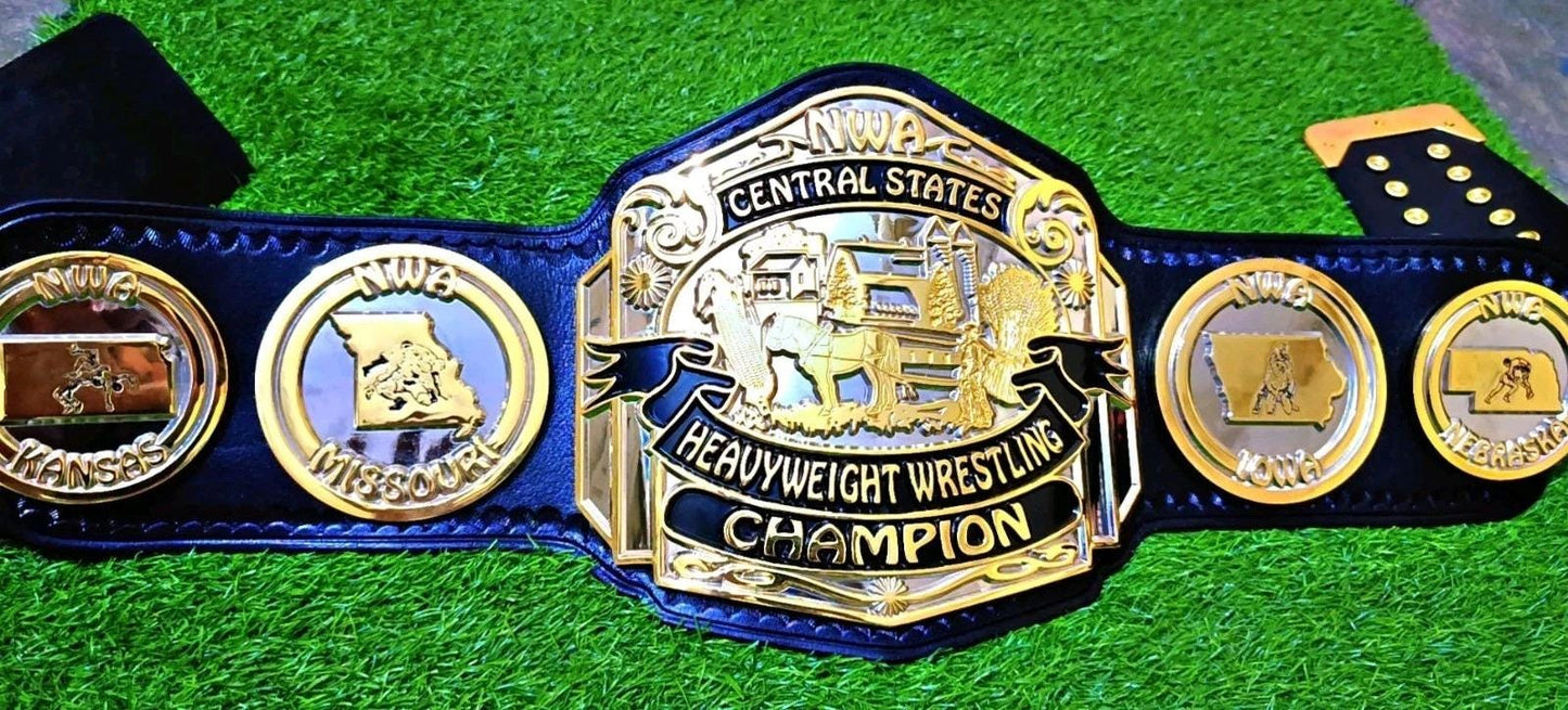 NWA Central States Heavyweight Championship Belt | 2MM 4MM Brass Replica | Wrestling Title Belt | Real Leather Strap | Adult Size