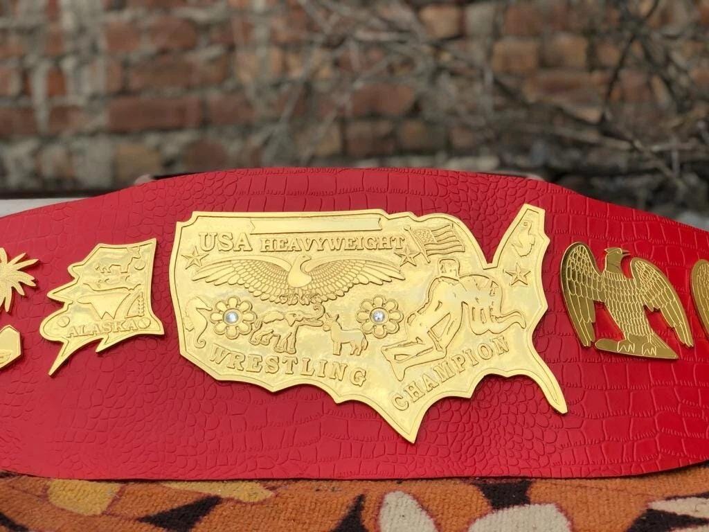 NWA Mid-Cost Heavyweight Championship Belt | 2MM 4MM Zinc Gold Replica | Red Real Leather Strap | Ric Flair Tribute Belt