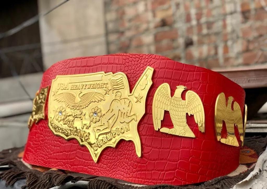NWA Mid-Cost Heavyweight Championship Belt | 2MM 4MM Zinc Gold Replica | Red Real Leather Strap | Ric Flair Tribute Belt