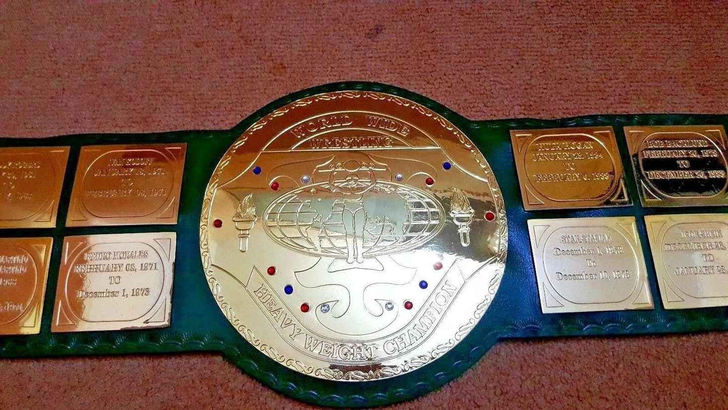 WF Big Green Championship Replica Belt | 2mm 4mm Gold Plated Brass Plates | Real Leather Strap | Wrestling Fan Gift | Adult Size Title