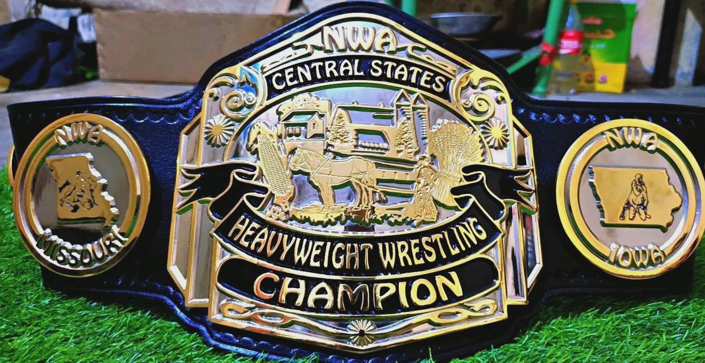 NWA Central States Heavyweight Championship Belt | 2MM 4MM Brass Replica | Wrestling Title Belt | Real Leather Strap | Adult Size