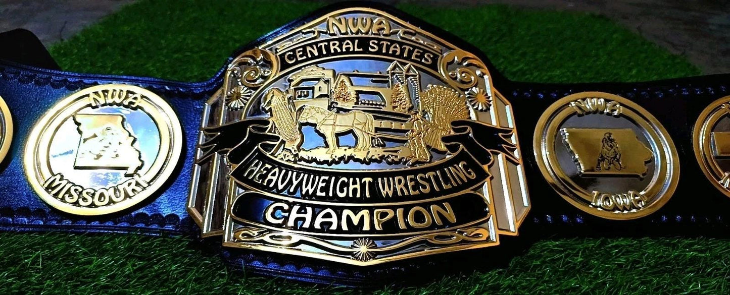 NWA Central States Heavyweight Championship Belt | 2MM 4MM Brass Replica | Wrestling Title Belt | Real Leather Strap | Adult Size