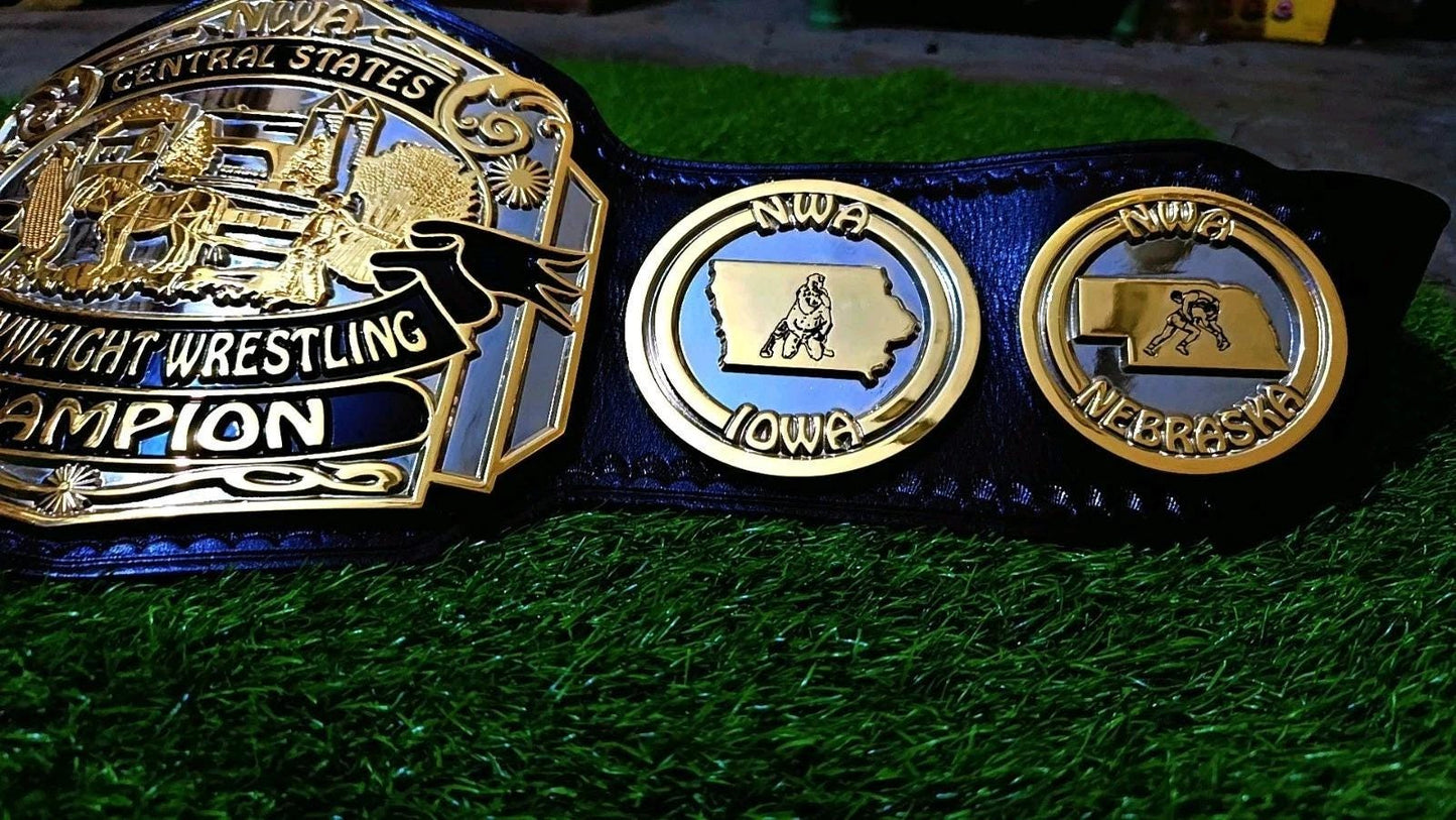 NWA Central States Heavyweight Championship Belt | 2MM 4MM Brass Replica | Wrestling Title Belt | Real Leather Strap | Adult Size