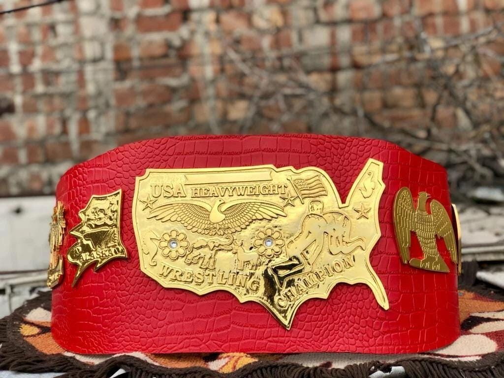 NWA Mid-Cost Heavyweight Championship Belt | 2MM 4MM Zinc Gold Replica | Red Real Leather Strap | Ric Flair Tribute Belt