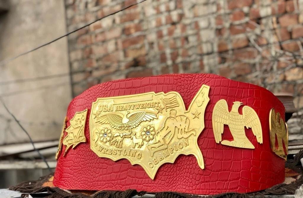 NWA Mid-Cost Heavyweight Championship Belt | 2MM 4MM Zinc Gold Replica | Red Real Leather Strap | Ric Flair Tribute Belt