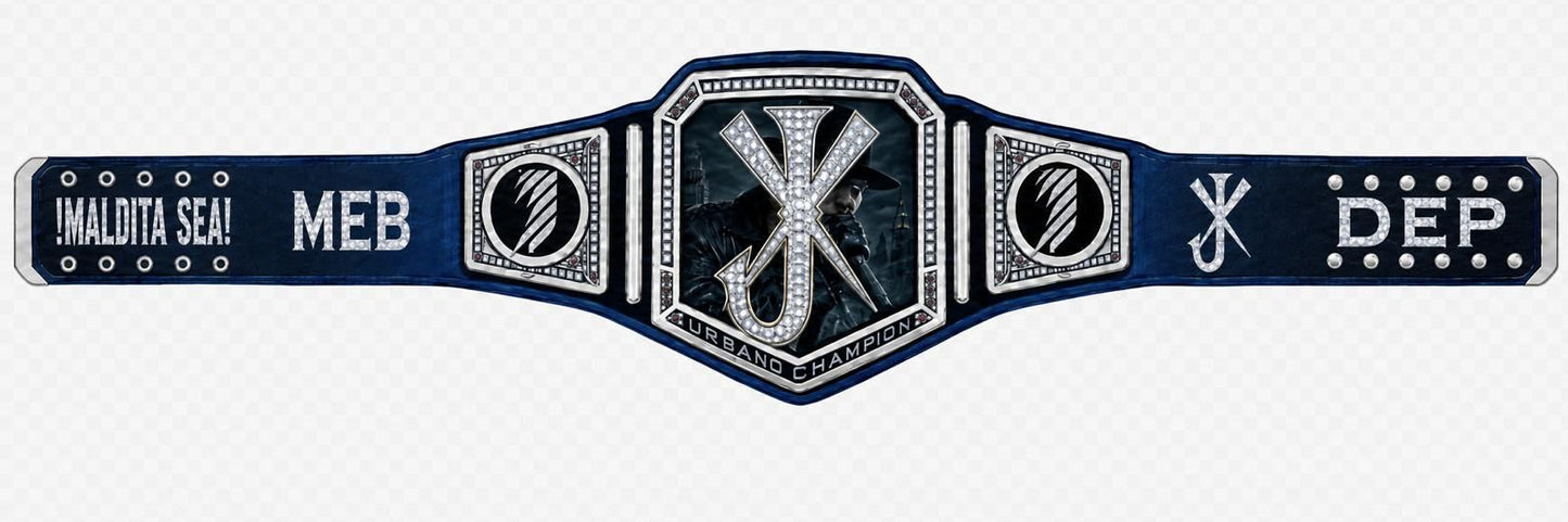 Custom "Urbano Champion" Championship Title Belt – Blue & Silver Edition with Rhinestone Detailing 6mm