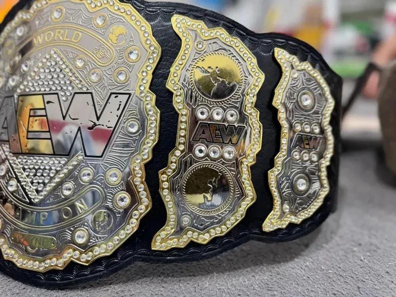 AEW World Championship Replica Belt | 4MM 6MM Brass Plate | Wrestling Title | Cowhide Leather Strap | Adult Size Belt | Heavyweight Fan Gift