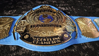 WWF Blue Winged Eagle Championship Belt | 2MM 4MM Real Leather | Classic Wrestling Replica | Hulk Hogan Tribute | Fan Gift w/ Bag