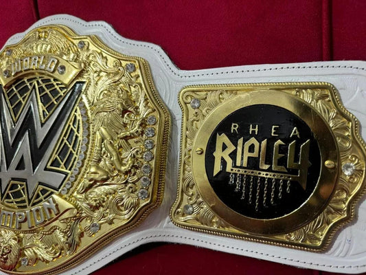 Women&#39;s World Heavyweight Championship Replica Belt | 6MM Casting | Rhea Ripley Side Plates | Real Leather Strap | Wrestling Gift