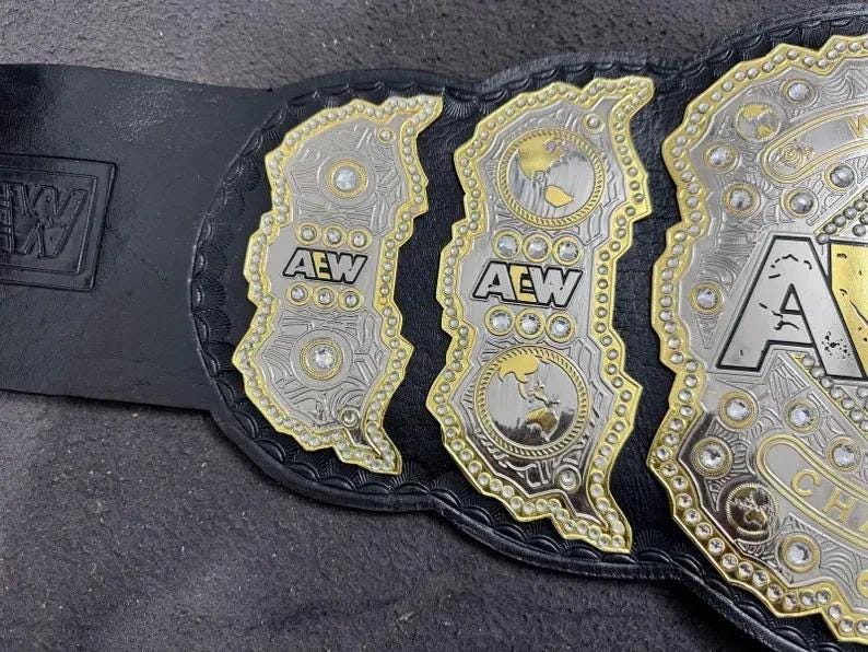 AEW World Championship Replica Belt | 4MM 6MM Brass Plate | Wrestling Title | Cowhide Leather Strap | Adult Size Belt | Heavyweight Fan Gift