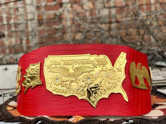 NWA Mid-Cost Heavyweight Championship Belt | 2MM 4MM Zinc Gold Replica | Red Real Leather Strap | Ric Flair Tribute Belt