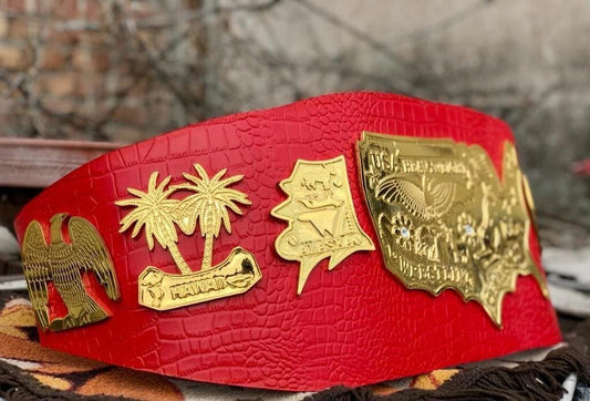 NWA Mid-Cost Heavyweight Championship Belt | 2MM 4MM Zinc Gold Replica | Red Real Leather Strap | Ric Flair Tribute Belt